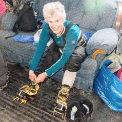 Lacing on the crampons!